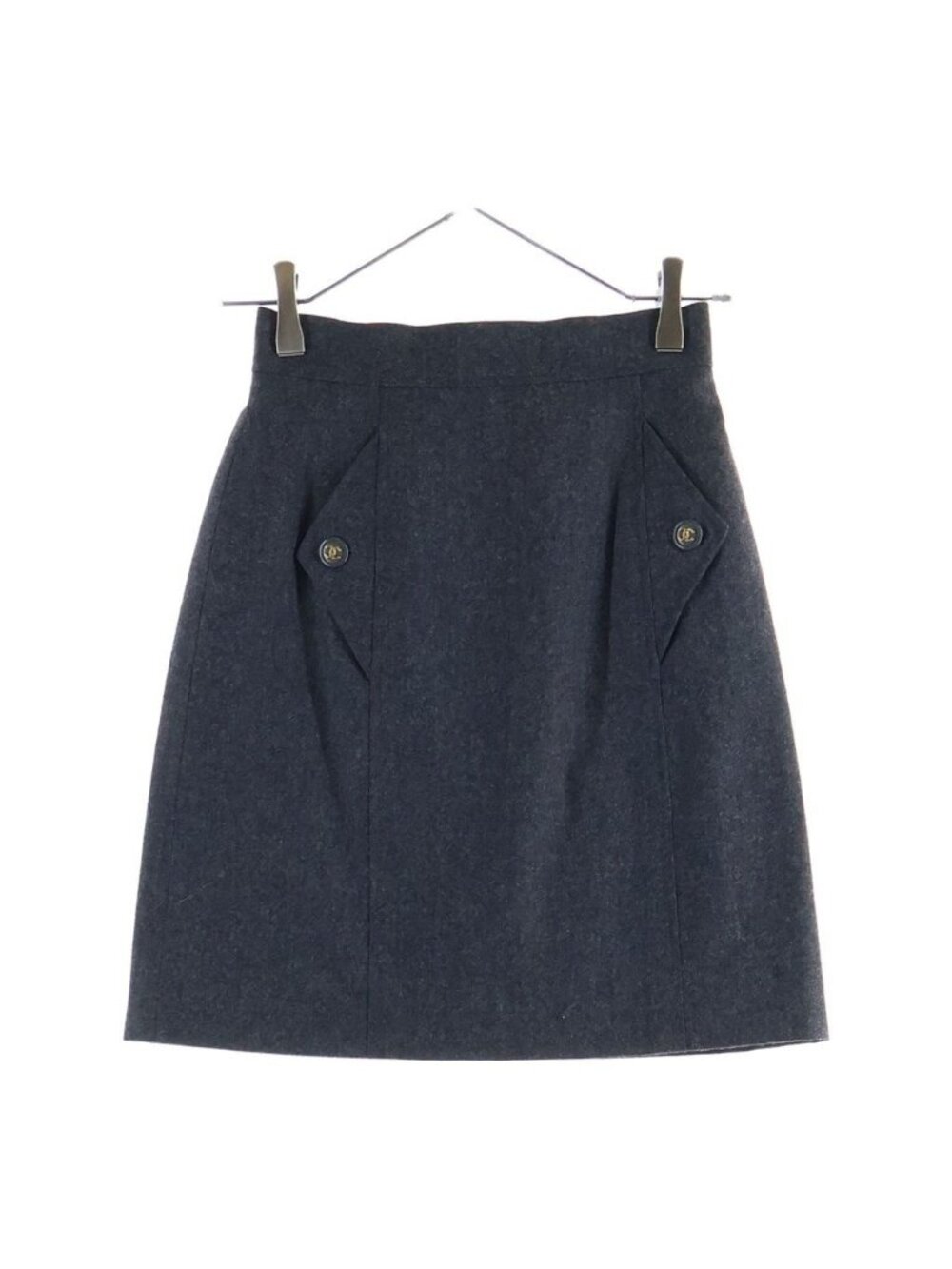 Chanel Boutique CC Logo Button Wool Square Skirt Charcoal Gray